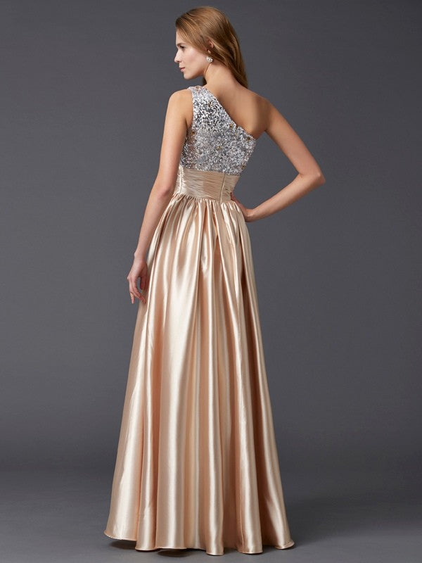 Vestidos de fiesta largos de satén elástico tejido, elegantes, de corte línea A, sin mangas, con lentejuelas y un solo hombro.