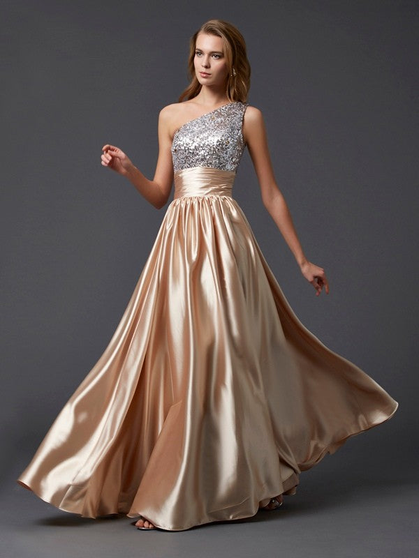 Vestidos de fiesta largos de satén elástico tejido, elegantes, de corte línea A, sin mangas, con lentejuelas y un solo hombro.