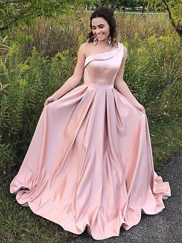Vestidos de fiesta de satén con volantes, corte en A/elegantes, sin mangas y con un solo hombro
