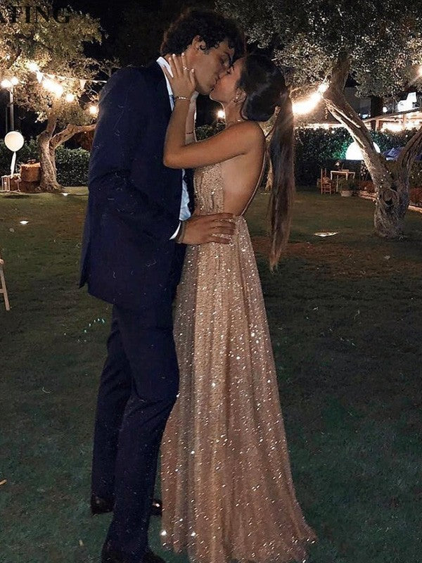 Vestidos de graduación elegantes de corte A, con escote en V, sin mangas y hasta el suelo, de tul con lentejuelas.