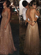 Vestidos de graduación elegantes de corte A, con escote en V, sin mangas y hasta el suelo, de tul con lentejuelas.