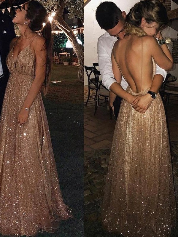 Vestidos de graduación elegantes de corte A, con escote en V, sin mangas y hasta el suelo, de tul con lentejuelas.