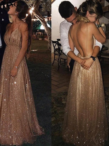 A-Line/Elegant Paillette Tulle V-neck Floor-Length Sleeveless Prom Dresses