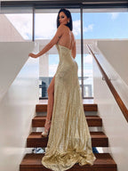 Vestidos de fiesta sin mangas con escote halter, corte en A/elegantes, fruncidos y con lentejuelas