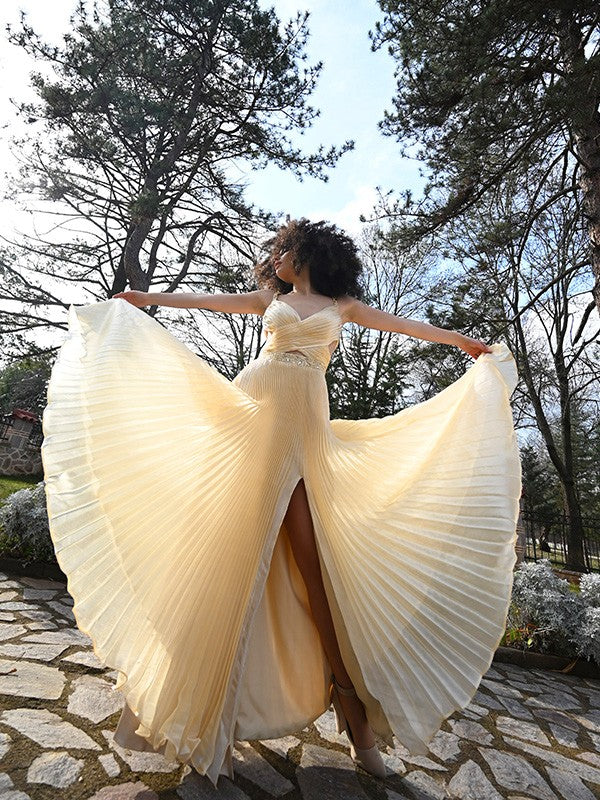 Vestidos de fiesta de corte A/elegantes con volantes, sin mangas, de satén y con escote en V