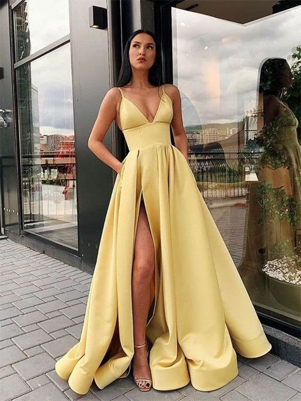 Vestidos de graduación de corte A/elegantes con volantes, tirantes finos de satén, sin mangas y hasta el suelo