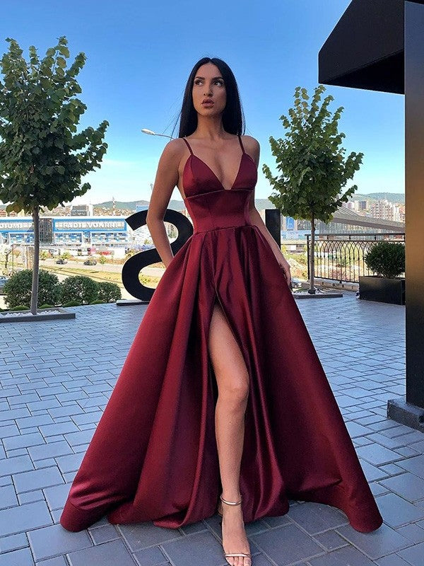 Vestidos de graduación de corte A/elegantes con volantes, tirantes finos de satén, sin mangas y hasta el suelo