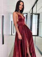 Vestidos de fiesta de satén sin mangas con escote en V, corte en A y elegantes volantes