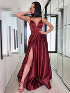 Vestidos de fiesta de satén sin mangas con escote en V, corte en A y elegantes volantes