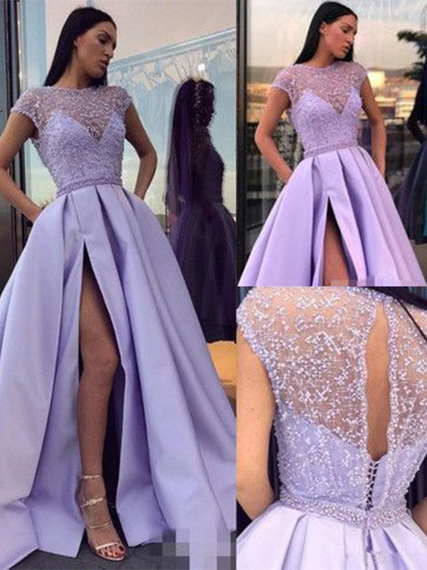 Vestidos de graduación de corte A/elegantes de satén con cuentas, escote redondo y mangas cortas
