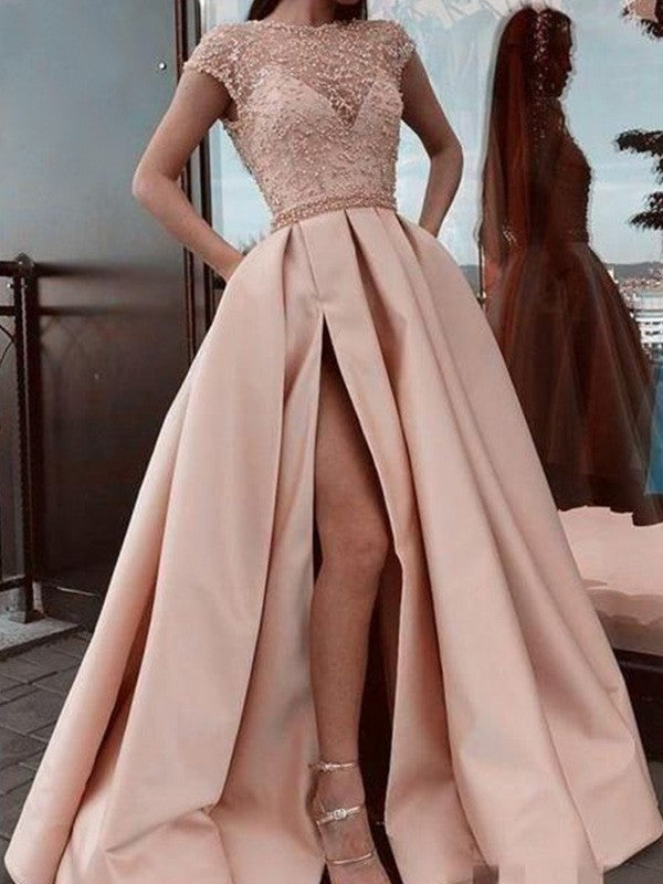 Vestidos de graduación de corte A/elegantes de satén con cuentas, escote redondo y mangas cortas