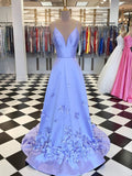 Vestidos de graduación sin mangas con escote en V y flores hechas a mano en satén elegante de corte línea A