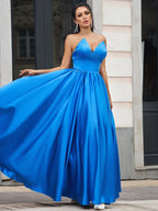 Vestidos de graduación elegantes de satén con volantes, escote corazón y sin mangas, corte en A y hasta el suelo