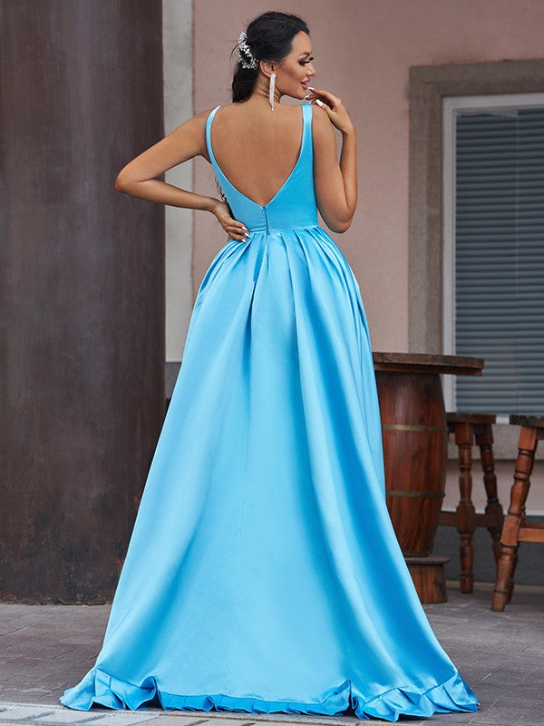 Vestidos de fiesta asimétricos sin mangas con escote en V, volantes de satén elegantes y corte en A