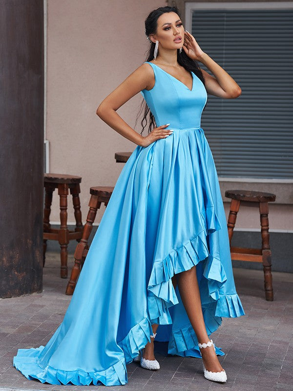 Vestidos de fiesta asimétricos sin mangas con escote en V, volantes de satén elegantes y corte en A