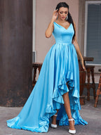 Vestidos de fiesta asimétricos sin mangas con escote en V, volantes de satén elegantes y corte en A