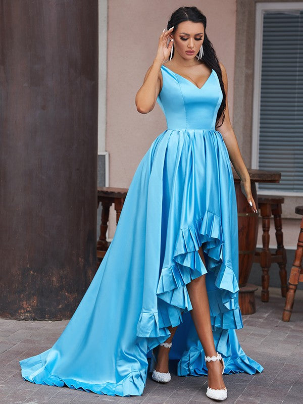 Vestidos de fiesta asimétricos sin mangas con escote en V, volantes de satén elegantes y corte en A