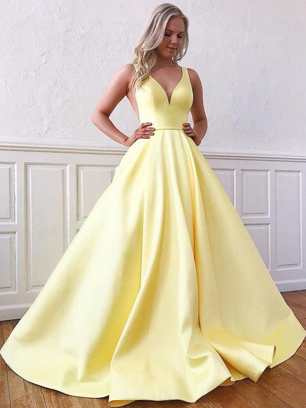 Vestidos de fiesta de corte A/elegantes de satén sin mangas con volantes y escote en V