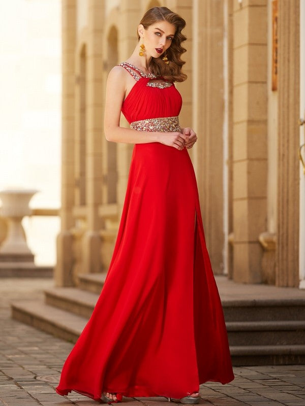 Vestidos de graduación de gasa sin mangas, corte en A/elegante, con escote redondo y detalles de cuentas, hasta el suelo.