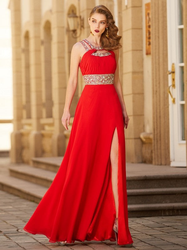 Vestidos de graduación de gasa sin mangas, corte en A/elegante, con escote redondo y detalles de cuentas, hasta el suelo.