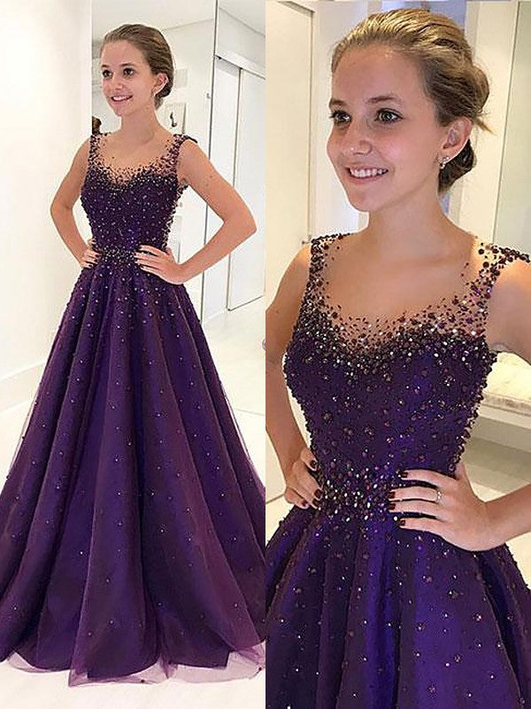 Vestidos de graduación de tul sin mangas con cuentas, corte en A/elegante escote redondo hasta el suelo