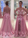 Vestidos de graduación largos hasta el suelo, corte en A/elegante, con mangas largas, apliques de tul y escote redondo.