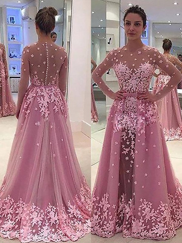 Vestidos de graduación largos hasta el suelo, corte en A/elegante, con mangas largas, apliques de tul y escote redondo.