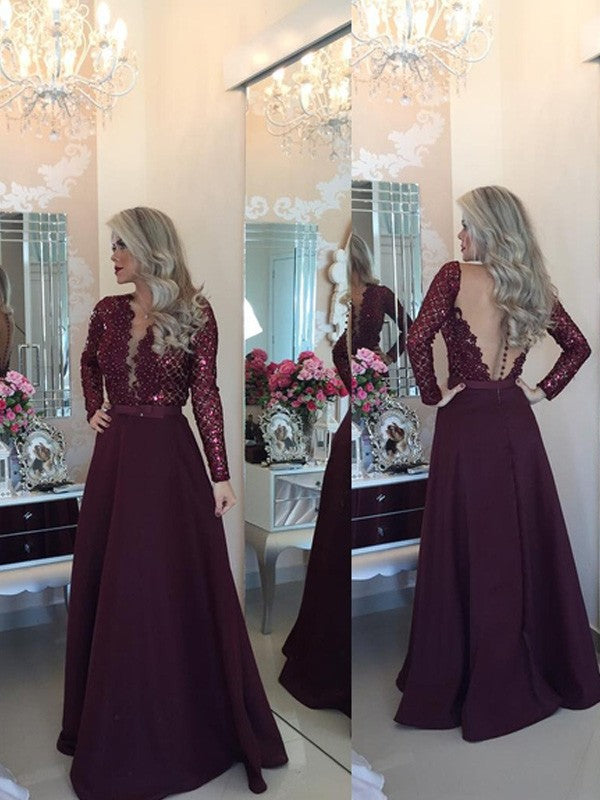 Vestidos de graduación de satén hasta el suelo, corte en A/elegante, manga larga, lentejuelas y manga larga.
