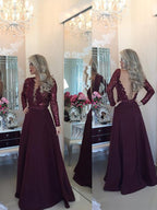 Vestidos de graduación de satén hasta el suelo, corte en A/elegante, manga larga, lentejuelas y manga larga.