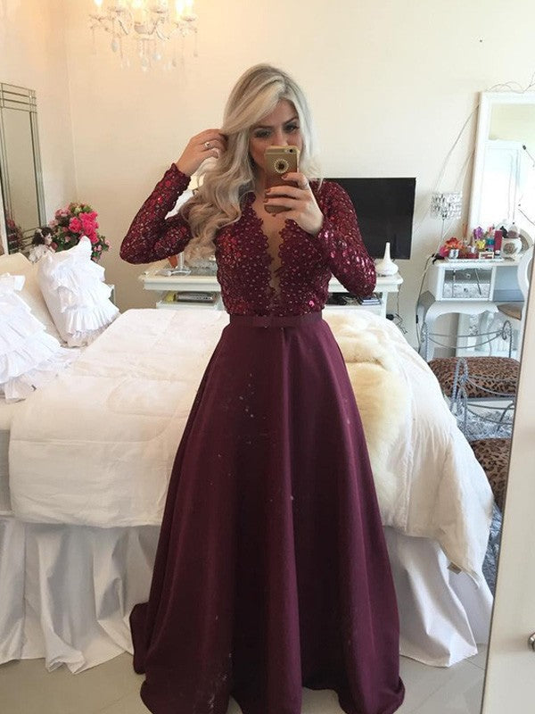 Vestidos de graduación de satén hasta el suelo, corte en A/elegante, manga larga, lentejuelas y manga larga.