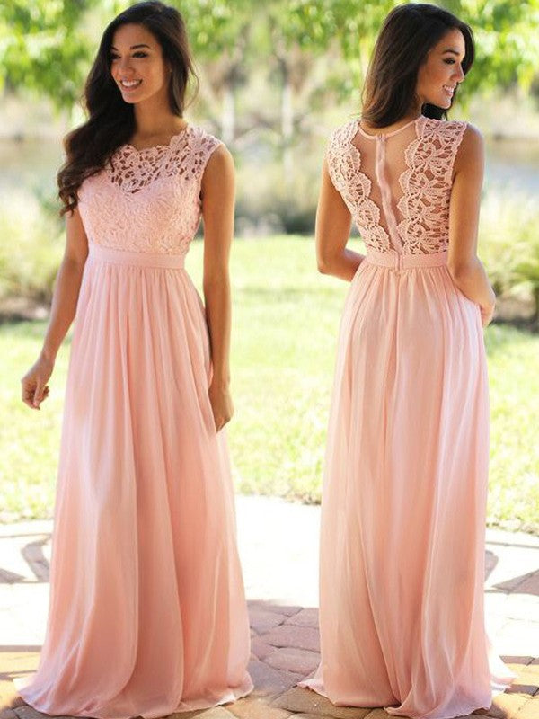 Vestidos de graduación de gasa hasta el suelo, sin mangas, con apliques, corte en A/elegante escote redondo, sin mangas.
