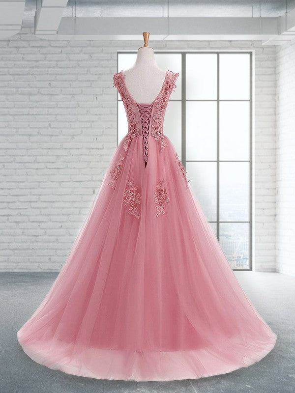 Vestidos de fiesta de corte A/elegante con escote redondo, sin mangas y apliques de tul