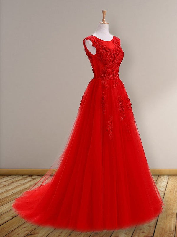 Vestidos de fiesta de corte A/elegante con escote redondo, sin mangas y apliques de tul