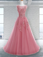 Vestidos de fiesta de corte A/elegante con escote redondo, sin mangas y apliques de tul
