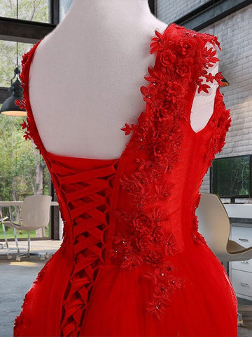 Vestidos de fiesta de corte A/elegante con escote redondo, sin mangas y apliques de tul