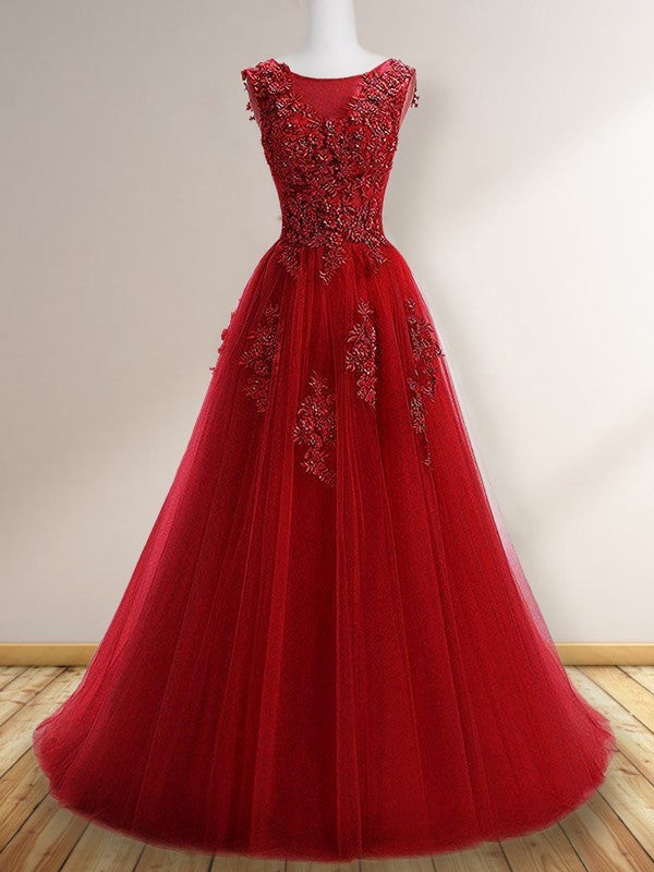 Vestidos de fiesta de corte A/elegante con escote redondo, sin mangas y apliques de tul