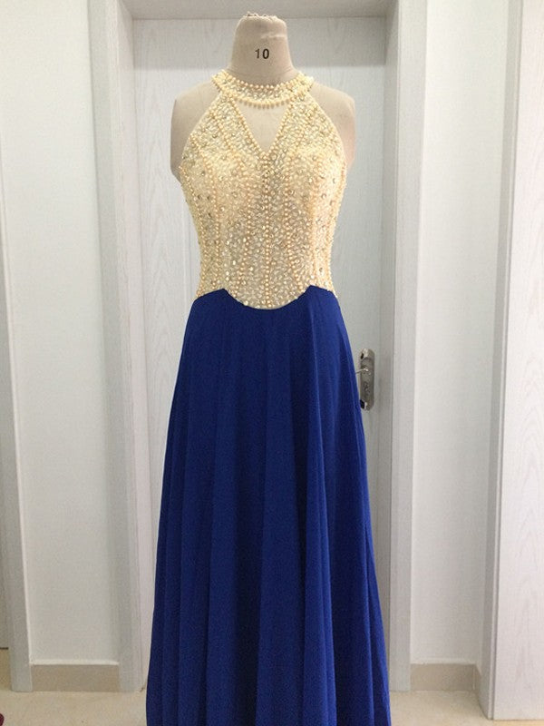 Vestidos de graduación de gasa con cuentas, sin mangas, corte en A/elegante escote redondo