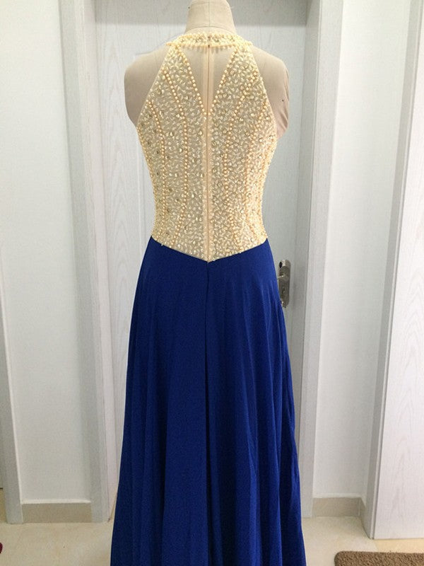 Vestidos de graduación de gasa con cuentas, sin mangas, corte en A/elegante escote redondo