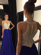 Vestidos de graduación de gasa con cuentas, sin mangas, corte en A/elegante escote redondo