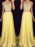 Vestidos de fiesta de dos piezas de gasa con cuentas, sin mangas, corte en A/elegante escote redondo, sin mangas