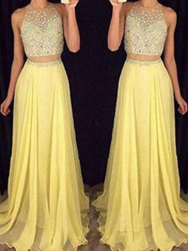 Vestidos de fiesta de dos piezas de gasa con cuentas, sin mangas, corte en A/elegante escote redondo, sin mangas