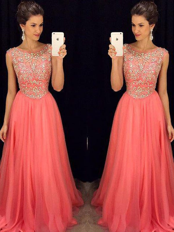Vestidos de graduación de gasa hasta el suelo, corte en A/elegante, sin mangas, con cuentas y sin mangas