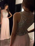 Vestidos de graduación largos hasta el suelo, de gasa, sin mangas, con escote redondo elegante y corte en A.
