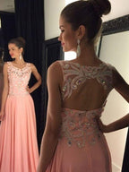 Vestidos de graduación de gasa con apliques, sin mangas, corte en A/elegante, escote redondo, largos hasta el suelo y sin mangas.