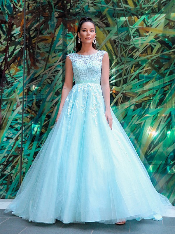 Vestidos de graduación de corte A/elegante sin mangas con apliques de tul