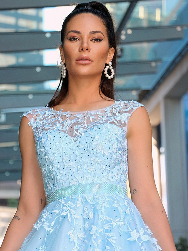Vestidos de graduación de corte A/elegante sin mangas con apliques de tul