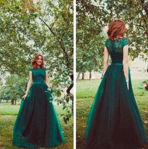 Vestidos de graduación de tul sin mangas, corte en A/elegante, escote redondo, hasta el suelo