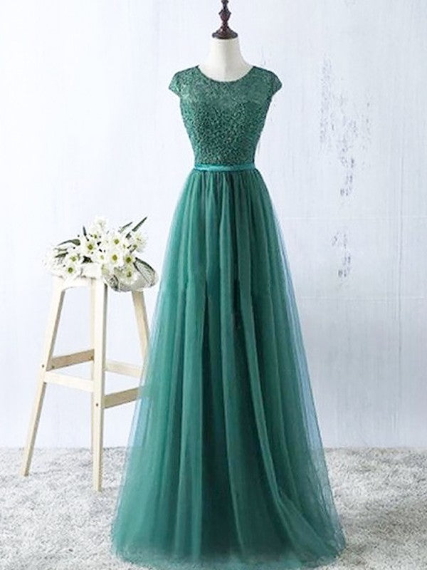 Vestidos de graduación de tul sin mangas, corte en A/elegante, escote redondo, hasta el suelo