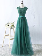 Vestidos de graduación de tul sin mangas, corte en A/elegante, escote redondo, hasta el suelo