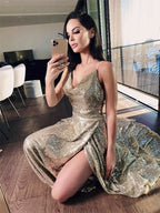 Vestidos de fiesta sin mangas, corte en A, elegantes, con lentejuelas y tirantes fruncidos.
